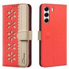 For Tecno Camon 40 Pro 4G Splicing Color Hollow Flower Pattern RFID Leather Phone Case(Red) - 1