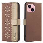 For iPhone 13 / 14 Splicing Color Hollow Flower Pattern RFID Leather Phone Case(Brown) - 1