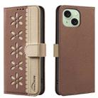 For iPhone 14 Plus / 15 Plus Splicing Color Hollow Flower Pattern RFID Leather Phone Case(Brown) - 1