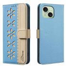 For iPhone 14 Plus / 15 Plus Splicing Color Hollow Flower Pattern RFID Leather Phone Case(Baby Blue) - 1