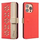For iPhone 14 Pro Max Splicing Color Hollow Flower Pattern RFID Leather Phone Case(Red) - 1