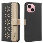For iPhone 15 Splicing Color Hollow Flower Pattern RFID Leather Phone Case(Black) - 1