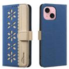 For iPhone 15 Splicing Color Hollow Flower Pattern RFID Leather Phone Case(Dark Blue) - 1