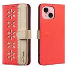 For iPhone 15 Splicing Color Hollow Flower Pattern RFID Leather Phone Case(Red) - 1