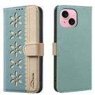 For iPhone 15 Splicing Color Hollow Flower Pattern RFID Leather Phone Case(Green) - 1