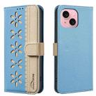 For iPhone 15 Splicing Color Hollow Flower Pattern RFID Leather Phone Case(Baby Blue) - 1
