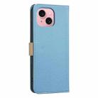 For iPhone 15 Splicing Color Hollow Flower Pattern RFID Leather Phone Case(Baby Blue) - 3