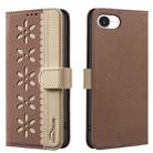 For iPhone 16e Splicing Color Hollow Flower Pattern RFID Leather Phone Case(Brown) - 1