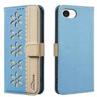 For iPhone 16e Splicing Color Hollow Flower Pattern RFID Leather Phone Case(Baby Blue) - 1