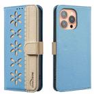 For iPhone 16 Pro Max Splicing Color Hollow Flower Pattern RFID Leather Phone Case(Baby Blue) - 1