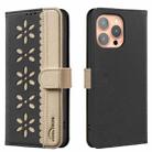 For iPhone 16 Pro Splicing Color Hollow Flower Pattern RFID Leather Phone Case(Black) - 1