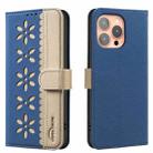 For iPhone 16 Pro Splicing Color Hollow Flower Pattern RFID Leather Phone Case(Dark Blue) - 1