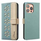 For iPhone 16 Pro Splicing Color Hollow Flower Pattern RFID Leather Phone Case(Green) - 1