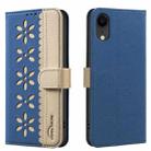 For iPhone XR Splicing Color Hollow Flower Pattern RFID Leather Phone Case(Dark Blue) - 1