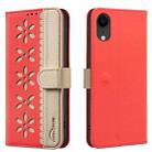 For iPhone XR Splicing Color Hollow Flower Pattern RFID Leather Phone Case(Red) - 1