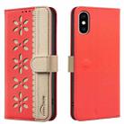 For iPhone XS Max Splicing Color Hollow Flower Pattern RFID Leather Phone Case(Red) - 1