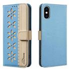 For iPhone XS Max Splicing Color Hollow Flower Pattern RFID Leather Phone Case(Baby Blue) - 1