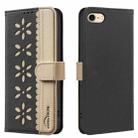 For iPhone 6 / 7 / 8 Splicing Color Hollow Flower Pattern RFID Leather Phone Case(Black) - 1