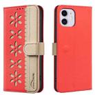 For iPhone 11 Splicing Color Hollow Flower Pattern RFID Leather Phone Case(Red) - 1