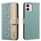 For iPhone 11 Splicing Color Hollow Flower Pattern RFID Leather Phone Case(Green) - 1