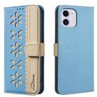 For iPhone 12 / 12 Pro Splicing Color Hollow Flower Pattern RFID Leather Phone Case(Baby Blue) - 1