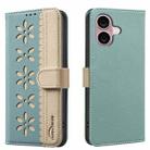 For iPhone 16 Plus Splicing Color Hollow Flower Pattern RFID Leather Phone Case(Green) - 1