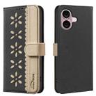 For iPhone 16 Splicing Color Hollow Flower Pattern RFID Leather Phone Case(Black) - 1