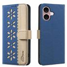 For iPhone 16 Splicing Color Hollow Flower Pattern RFID Leather Phone Case(Dark Blue) - 1