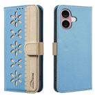 For iPhone 16 Splicing Color Hollow Flower Pattern RFID Leather Phone Case(Baby Blue) - 1