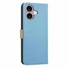 For iPhone 16 Splicing Color Hollow Flower Pattern RFID Leather Phone Case(Baby Blue) - 3
