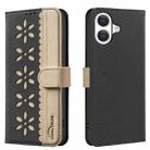 For iPhone 17 Splicing Color Hollow Flower Pattern RFID Leather Phone Case(Black) - 1