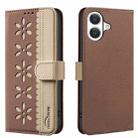 For iPhone 17 Splicing Color Hollow Flower Pattern RFID Leather Phone Case(Brown) - 1