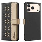 For iPhone 17 Pro Max Splicing Color Hollow Flower Pattern RFID Leather Phone Case(Black) - 1