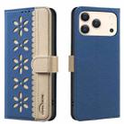 For iPhone 17 Pro Max Splicing Color Hollow Flower Pattern RFID Leather Phone Case(Dark Blue) - 1