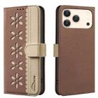 For iPhone 17 Pro Max Splicing Color Hollow Flower Pattern RFID Leather Phone Case(Brown) - 1