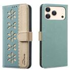 For iPhone 17 Pro Max Splicing Color Hollow Flower Pattern RFID Leather Phone Case(Green) - 1