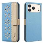 For iPhone 17 Pro Max Splicing Color Hollow Flower Pattern RFID Leather Phone Case(Baby Blue) - 1