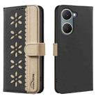 For vivo Y03 4G Global Splicing Color Hollow Flower Pattern RFID Leather Phone Case(Black) - 1