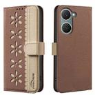 For vivo Y03 4G Global Splicing Color Hollow Flower Pattern RFID Leather Phone Case(Brown) - 1
