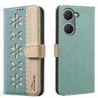 For vivo Y03 4G Global Splicing Color Hollow Flower Pattern RFID Leather Phone Case(Green) - 1