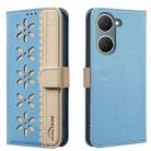 For vivo Y03 4G Global Splicing Color Hollow Flower Pattern RFID Leather Phone Case(Baby Blue) - 1