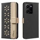 For vivo Y35 4G / Y22S Splicing Color Hollow Flower Pattern RFID Leather Phone Case(Black) - 1