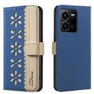 For vivo Y35 4G / Y22S Splicing Color Hollow Flower Pattern RFID Leather Phone Case(Dark Blue) - 1