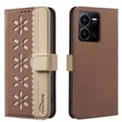 For vivo Y35 4G / Y22S Splicing Color Hollow Flower Pattern RFID Leather Phone Case(Brown) - 1