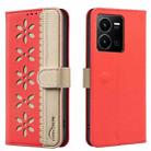 For vivo Y35 4G / Y22S Splicing Color Hollow Flower Pattern RFID Leather Phone Case(Red) - 1