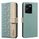 For vivo Y35 4G / Y22S Splicing Color Hollow Flower Pattern RFID Leather Phone Case(Green) - 1