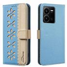 For vivo Y35 4G / Y22S Splicing Color Hollow Flower Pattern RFID Leather Phone Case(Baby Blue) - 1