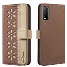For vivo Y20 Splicing Color Hollow Flower Pattern RFID Leather Phone Case(Brown) - 1