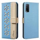For vivo Y20 Splicing Color Hollow Flower Pattern RFID Leather Phone Case(Baby Blue) - 1
