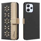 For Redmi 12 4G Splicing Color Hollow Flower Pattern RFID Leather Phone Case(Black) - 1
